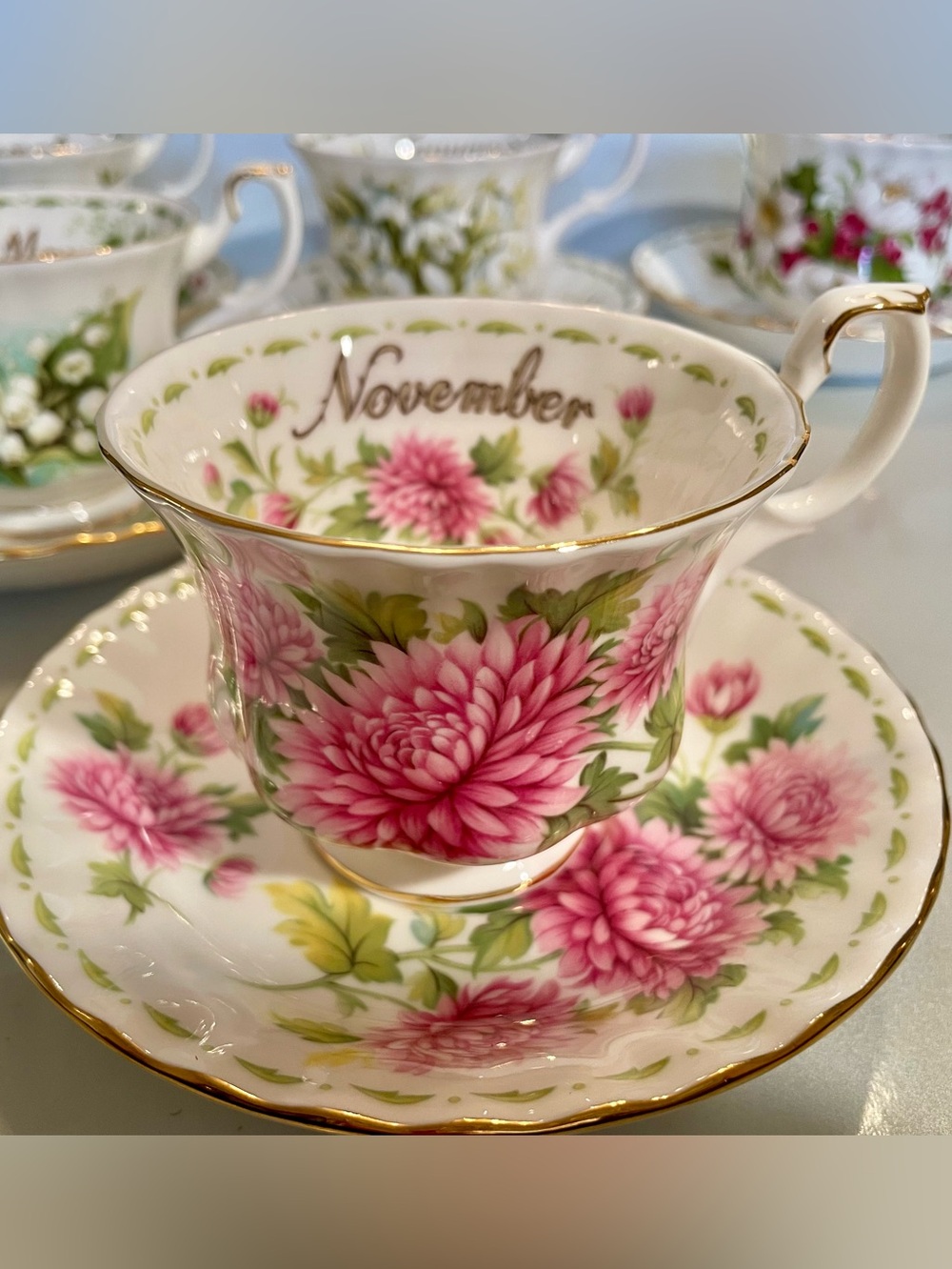 Royal Albert Pink Chrysanthemum Floral Teacup & Saucer with Gold Trim